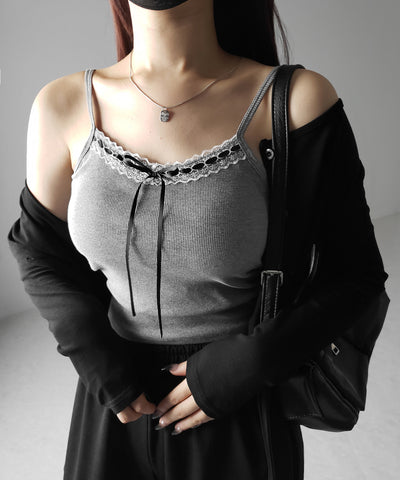 【 カップ付き 】サテンリボンレースリブキャミソール / satin ribbon lace lib camisole