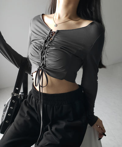 レースアップショートスリムカットソートップス / lace up short slim cut and sew tops