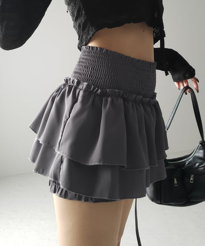2段フリルシャーリングミニスカパン / double frill shirring mini skirt pants