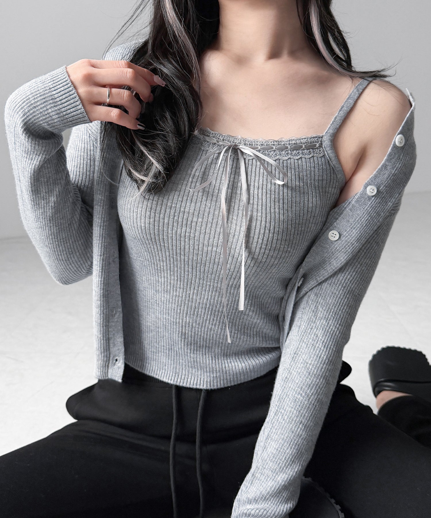 【 2点セット 】リボンリブニットキャミソール + カーディガンセット / ribbon rib knit camisole + cardigan set