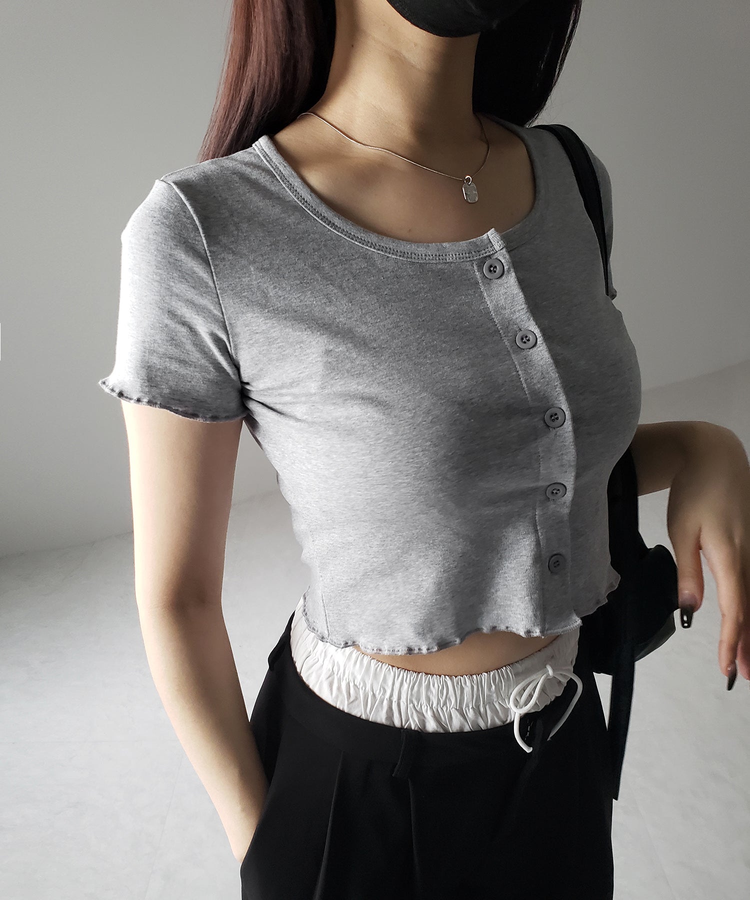 【 3color 】フロントボタン半袖メローショートTシャツ / front button mellow short Tee