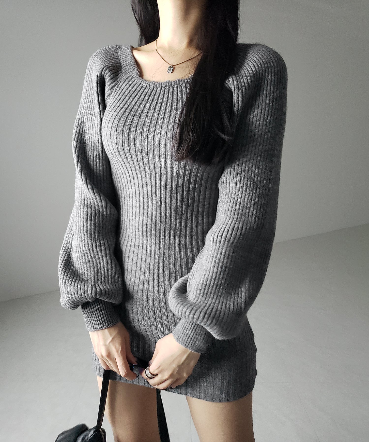 スクエアネックリブニットミニワンピース / square neck rib knit mini one piece