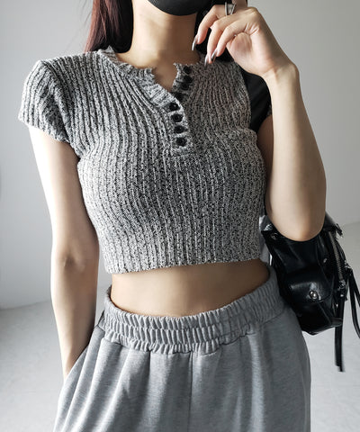 キーネックショートサマーリブニットトップス / Key neck short summer rib knit tops