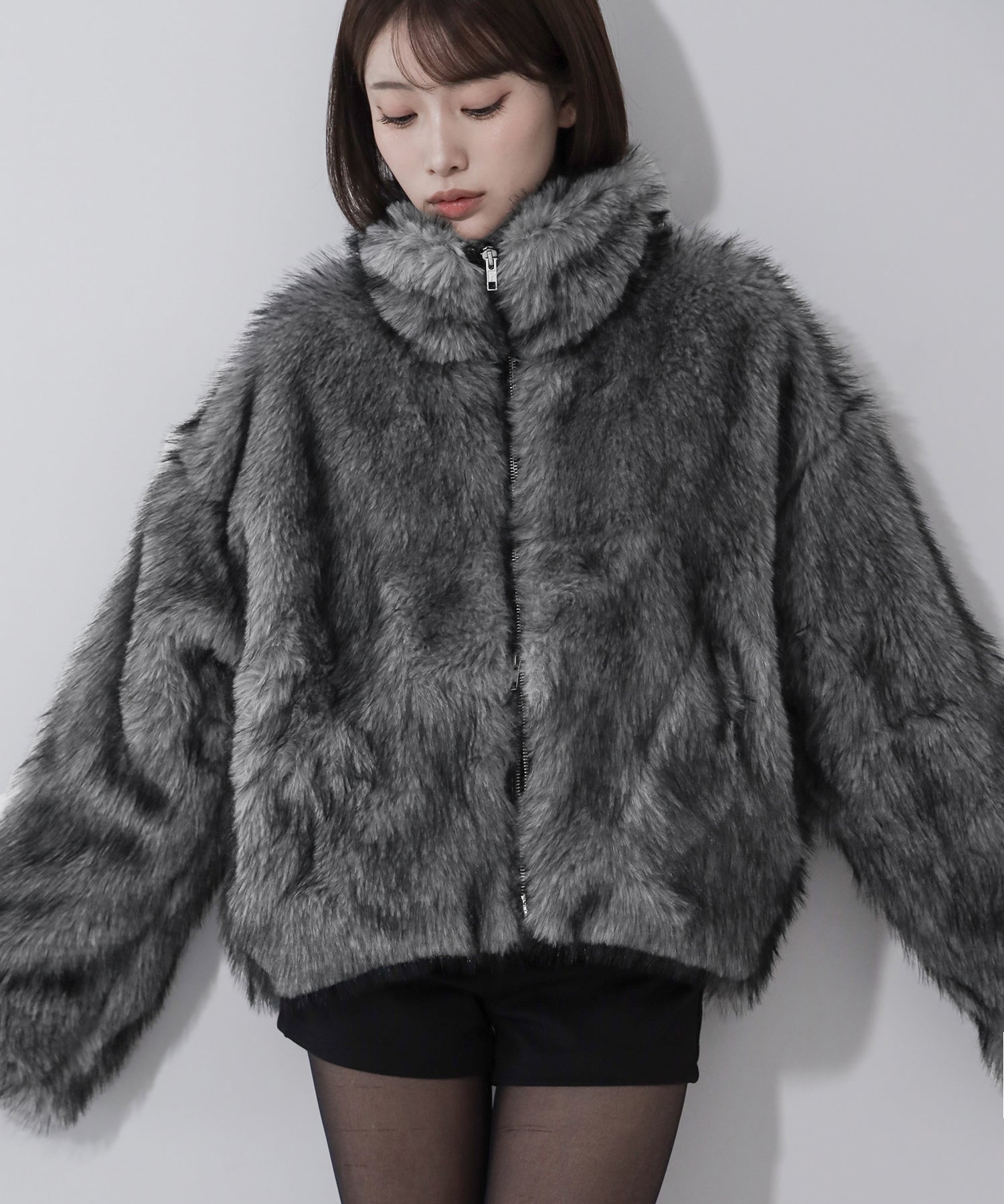 ダブルジップスタンドカラーミックスファージャケット / double zip stand collar mix fur jacket