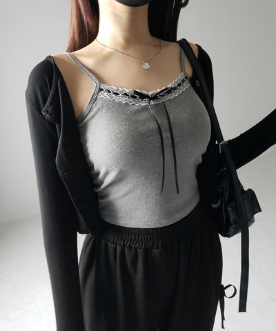 【 カップ付き 】サテンリボンレースリブキャミソール / satin ribbon lace lib camisole