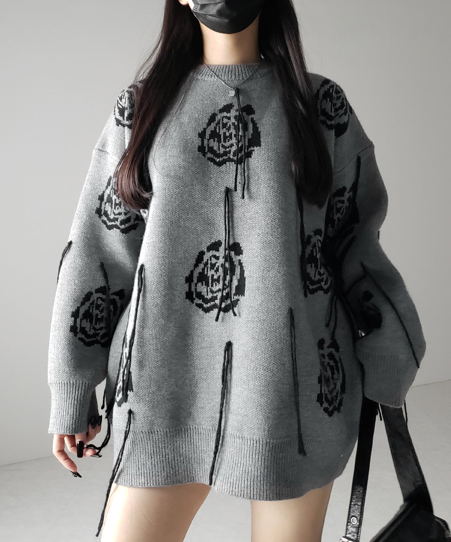 バラジャガードフリンジビッグシルエットニット / rose jacquard fringe big silhouette knit