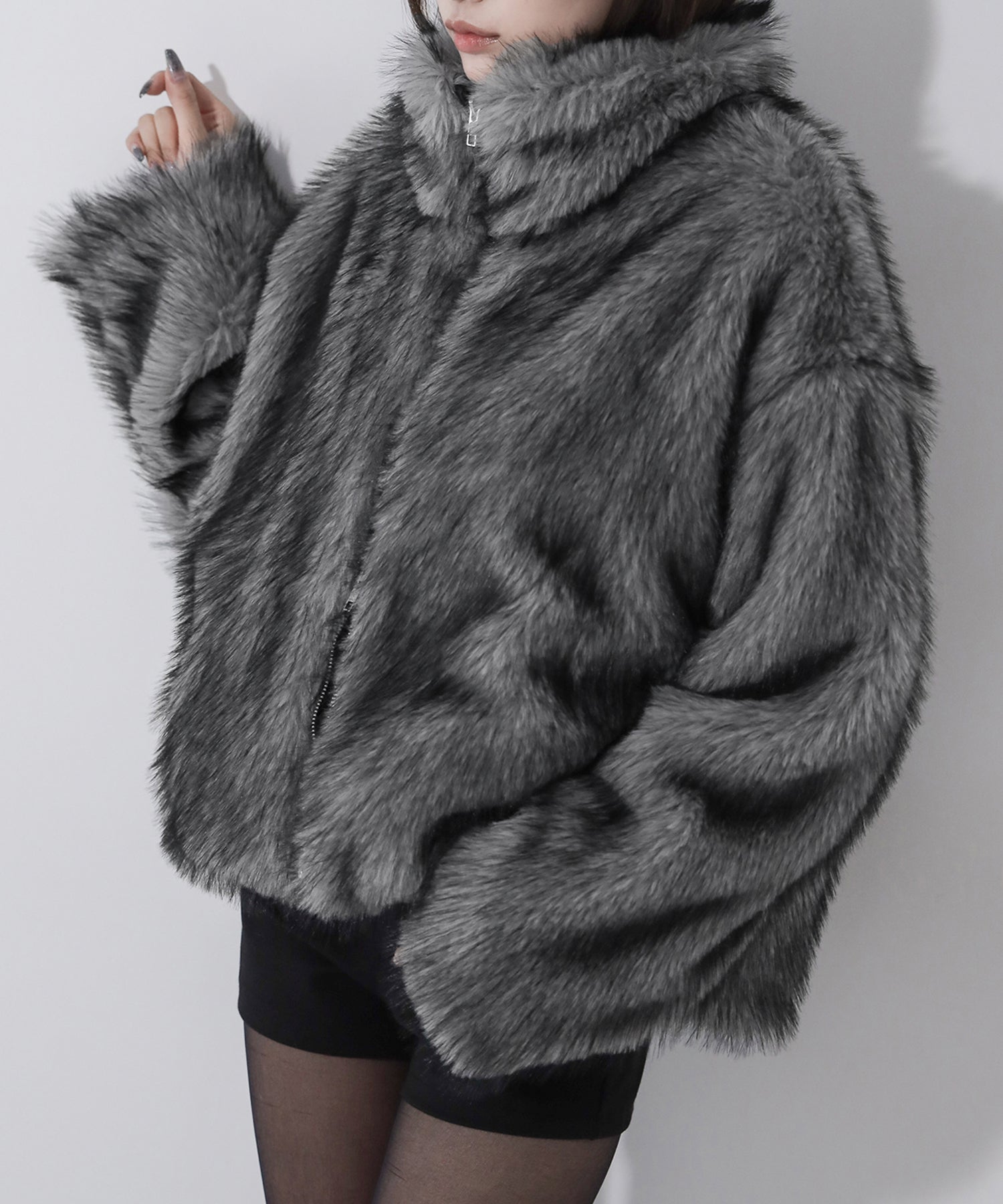 ダブルジップスタンドカラーミックスファージャケット / double zip stand collar mix fur jacket