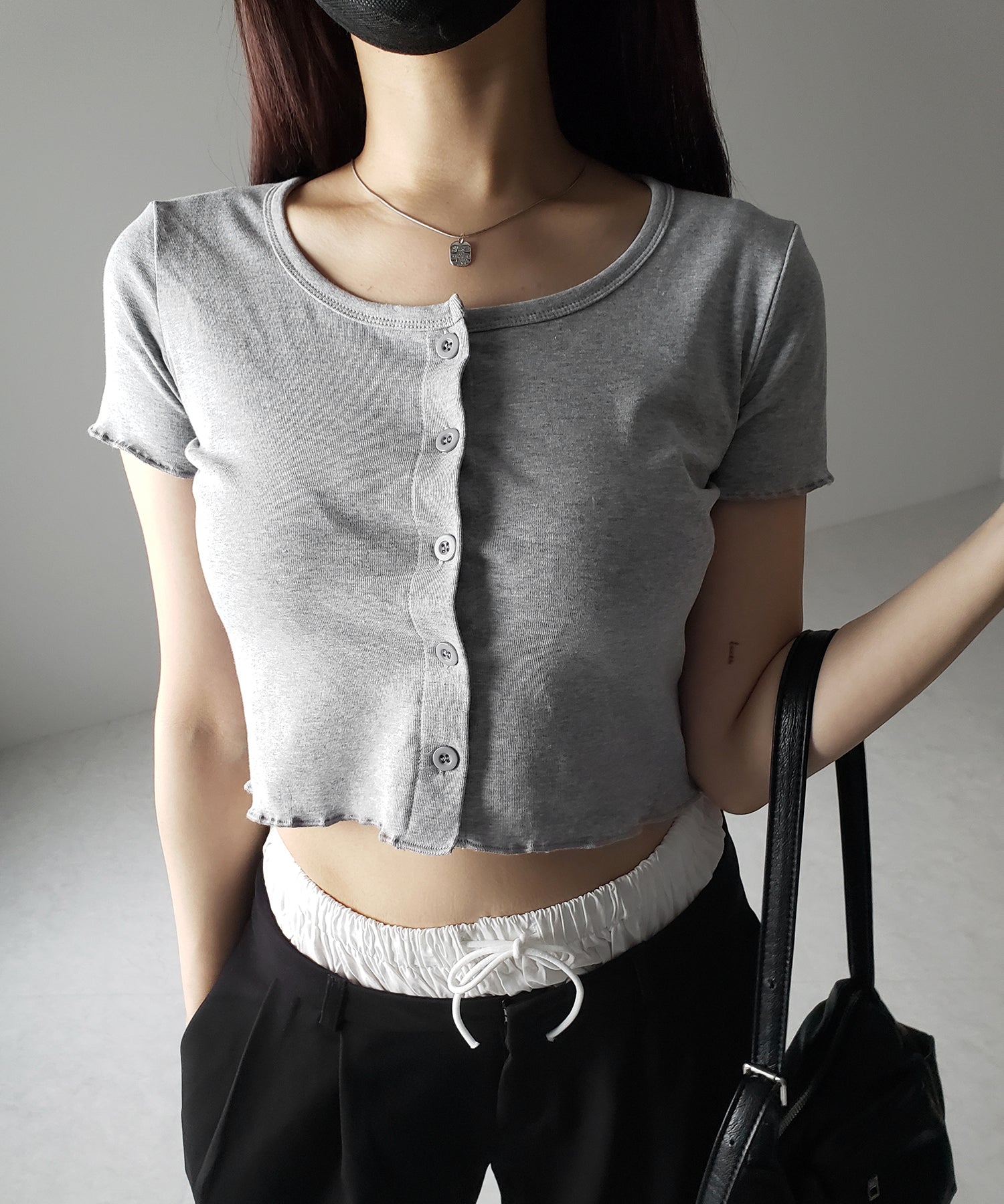【 3color 】フロントボタン半袖メローショートTシャツ / front button mellow short Tee