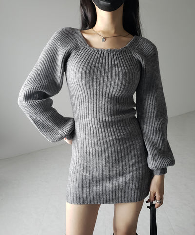 スクエアネックリブニットミニワンピース / square neck rib knit mini one piece