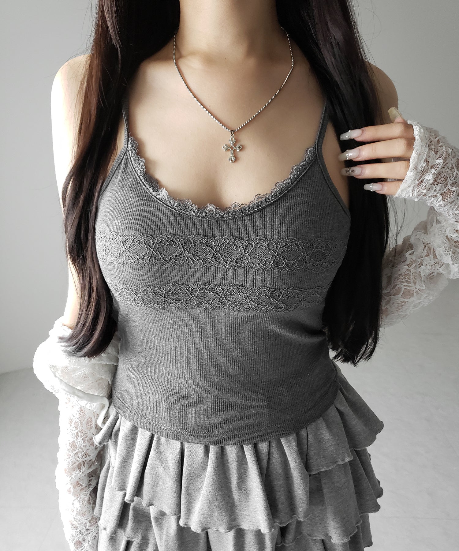【 3color 】ダブルレース切替リブキャミソール / double lace switching ribbed camisole