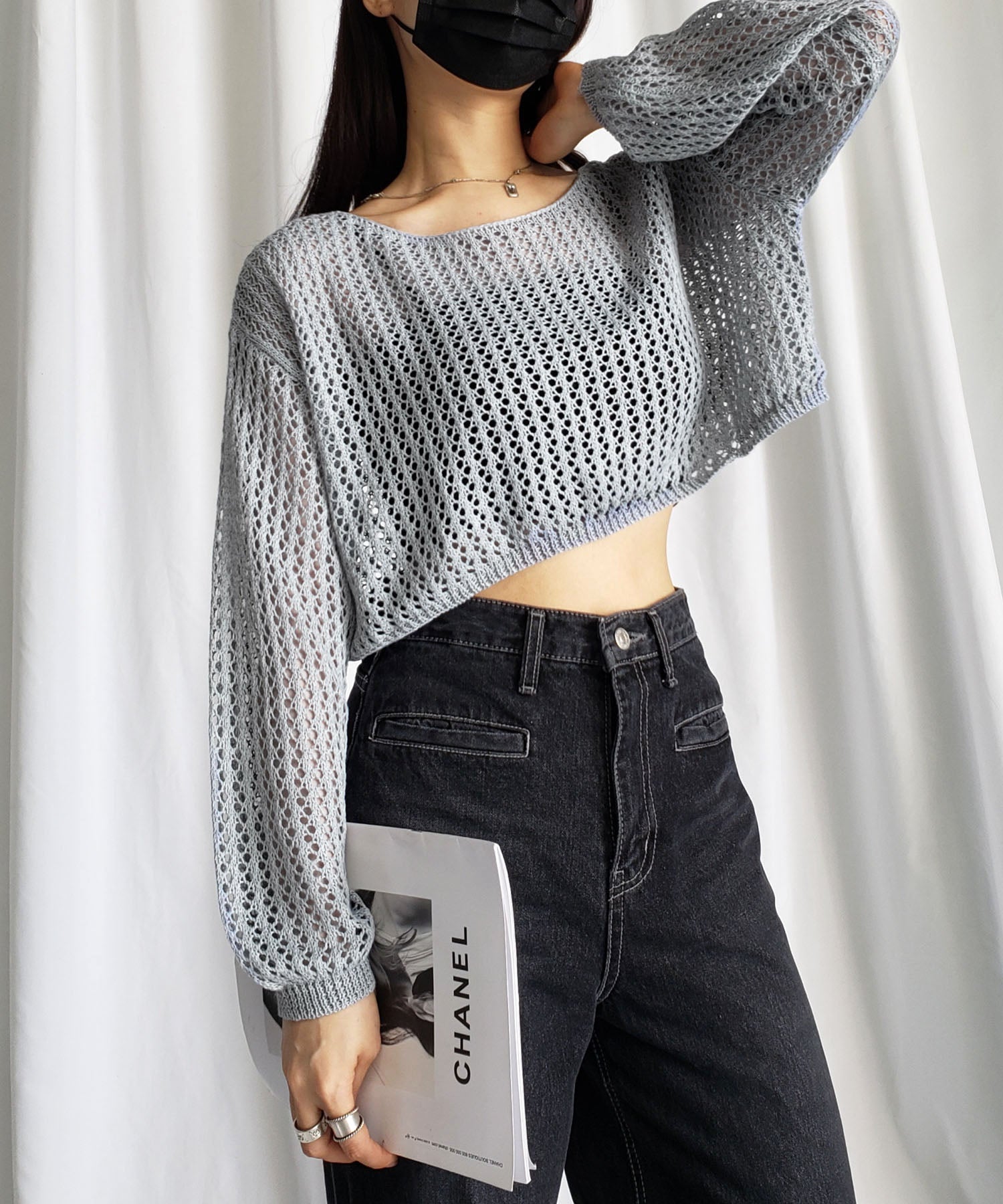 【 7color 】ショート丈メッシュクロシェ透かし編みニット