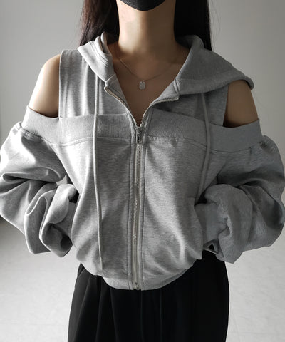 オープンショルダーカットアウトジップアップパーカー / open shoulder cut out zip up hoodie