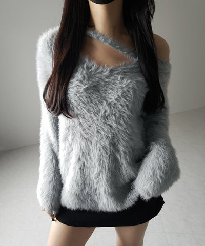 ナナメストラップカットアウトシャギーニット / naname strap cutout shaggy knit