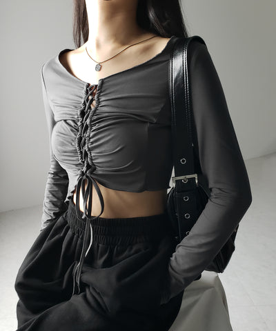 レースアップショートスリムカットソートップス / lace up short slim cut and sew tops