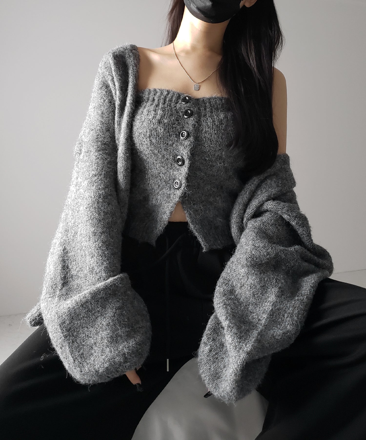 【 新色追加 /2点セット 】ニットボタンビスチェ +ロングカーディガンセット / knit button bustier + long cardigan set