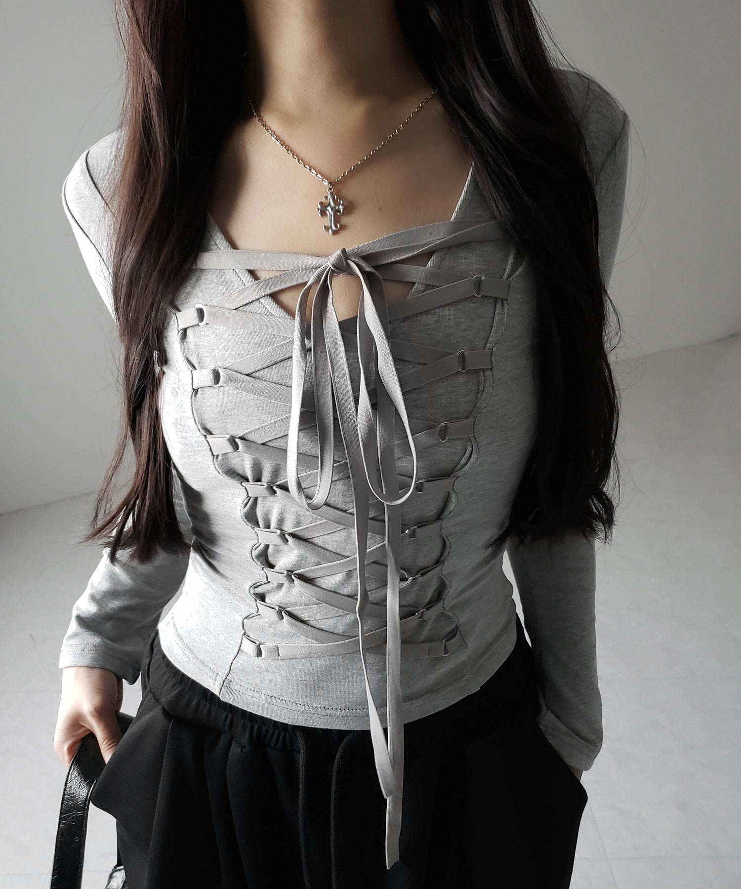 【 新色ピンク追加! /3WAY 】レースアップコルセットリボンチョーカートップス / lace up corset ribbon choker tops