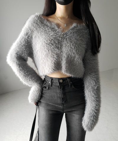 フロントジップショートシャギーニットカーディガン / front zip short shaggy knit cardigan