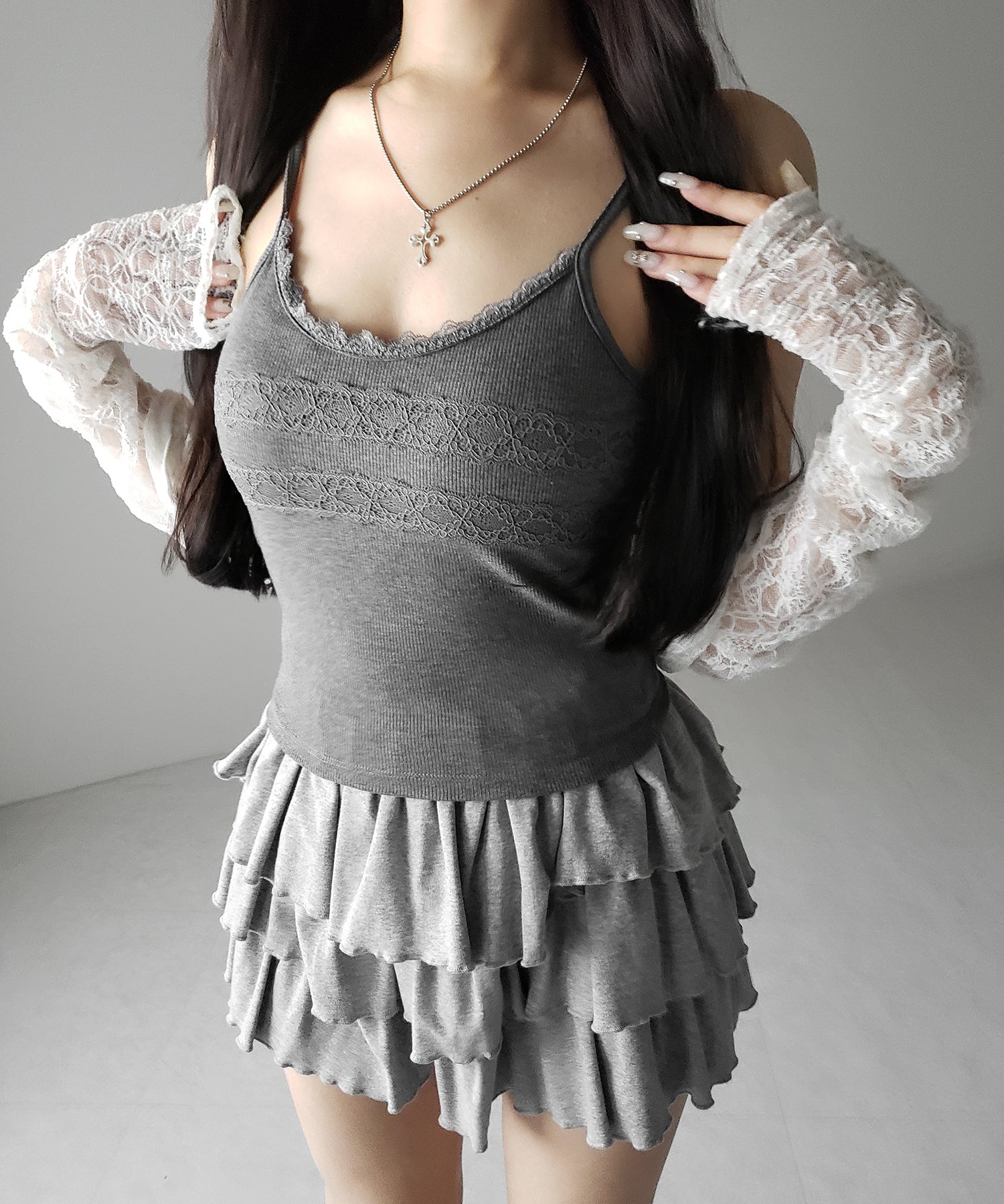 【 3color 】ダブルレース切替リブキャミソール / double lace switching ribbed camisole