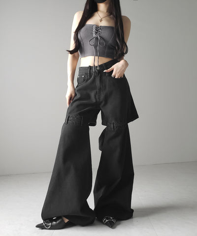 【カップ付き 】レースアップコルセットリボンショートリブベアトップ / laceup corset ribbon short ribbed bare top