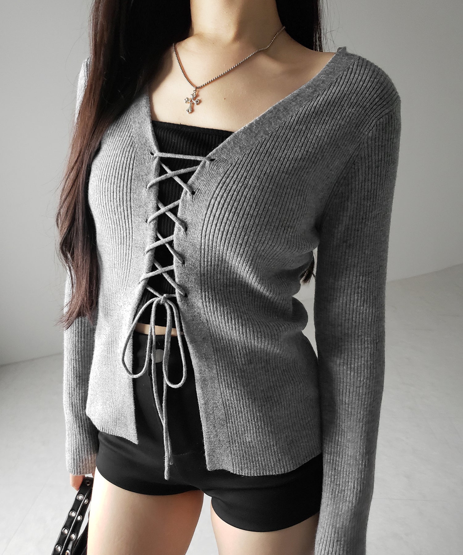 【 3color 】レースアップリボンリブニットカーディガン / lace up ribbon rib knit cardigan
