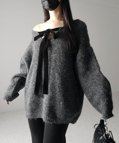 【 2WAY 】ベロアリボンスパングルオーバーニット / velor ribbon spangle over knit