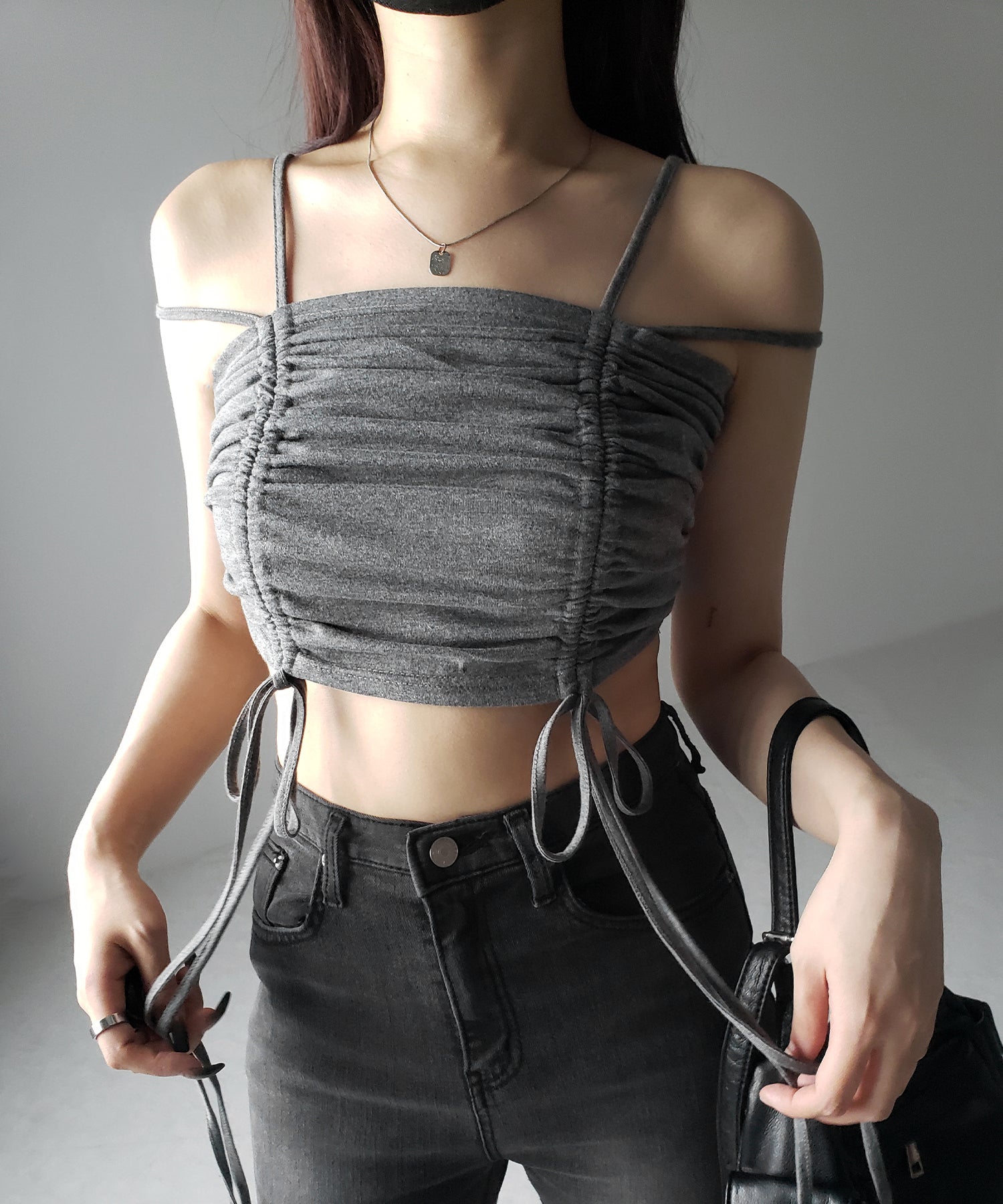 【 3color 】3WAYクロスストラップリボンシャーリングショートキャミソール / 3WAY cross strap ribbon shirring short camisole