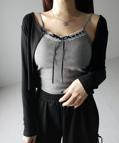 【 カップ付き 】サテンリボンレースリブキャミソール / satin ribbon lace lib camisole