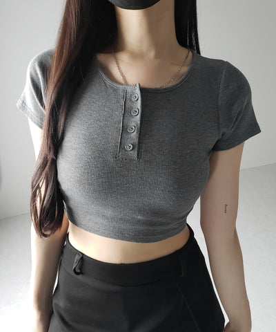 ヘンリーネック半袖ショートリブTシャツ /henley neck short sleeve short lib T-shirt