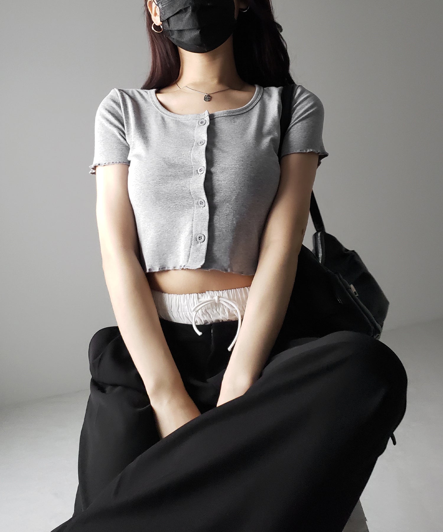 【 3color 】フロントボタン半袖メローショートTシャツ / front button mellow short Tee