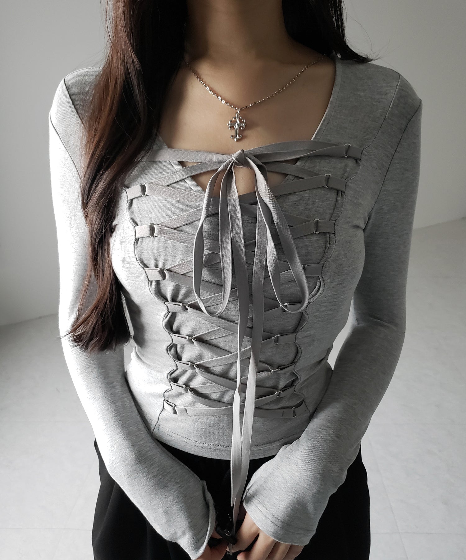 【 新色ピンク追加! /3WAY 】レースアップコルセットリボンチョーカートップス / lace up corset ribbon choker tops