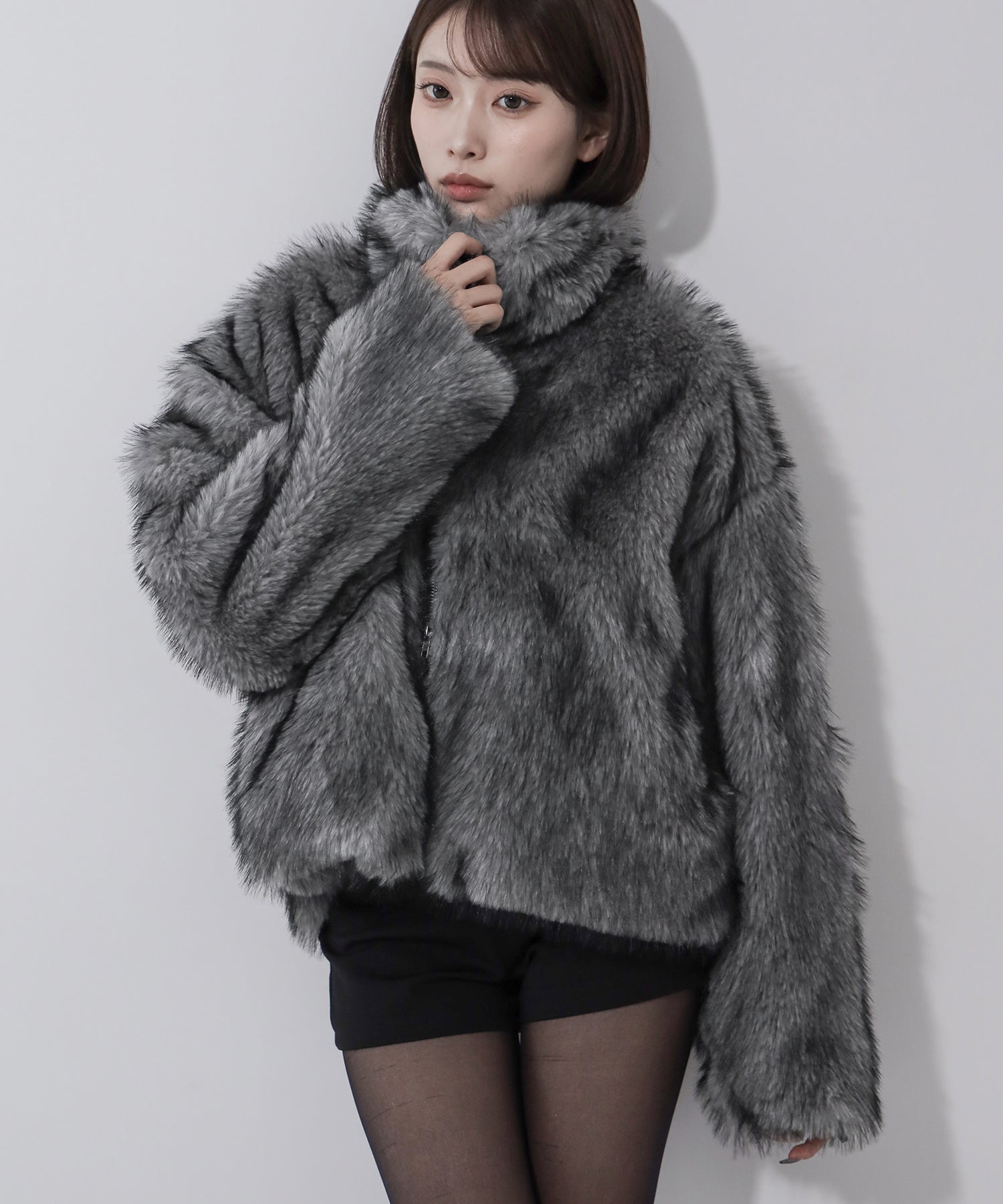 ダブルジップスタンドカラーミックスファージャケット / double zip stand collar mix fur jacket