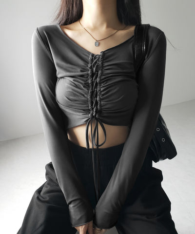レースアップショートスリムカットソートップス / lace up short slim cut and sew tops