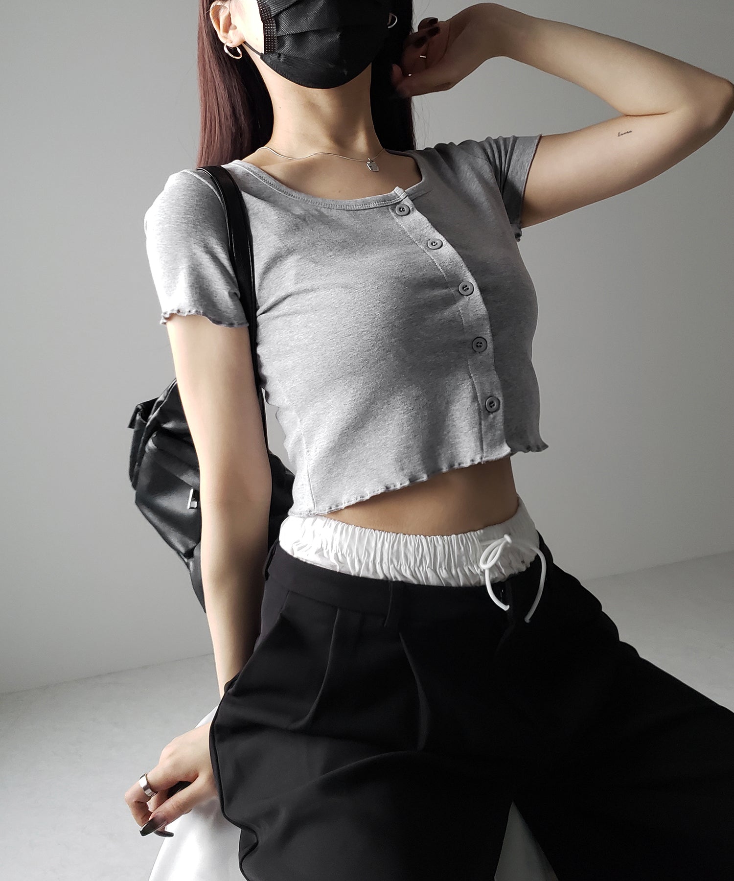 【 3color 】フロントボタン半袖メローショートTシャツ / front button mellow short Tee