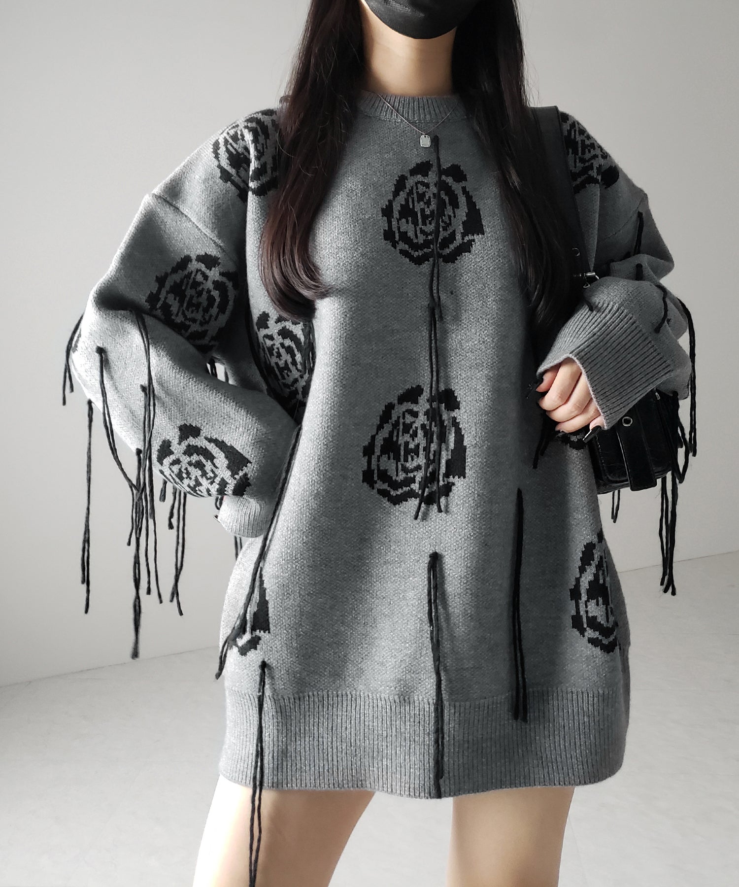 バラジャガードフリンジビッグシルエットニット / rose jacquard fringe big silhouette knit