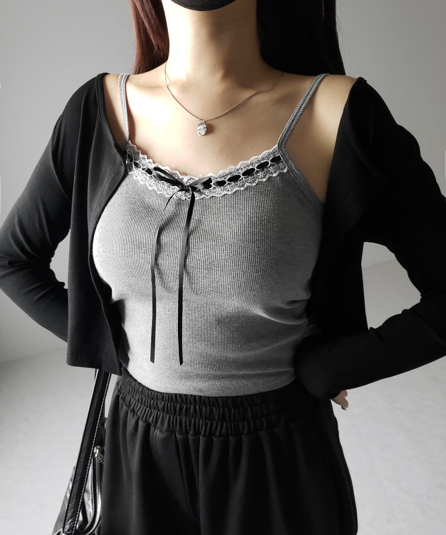 【 カップ付き 】サテンリボンレースリブキャミソール / satin ribbon lace lib camisole