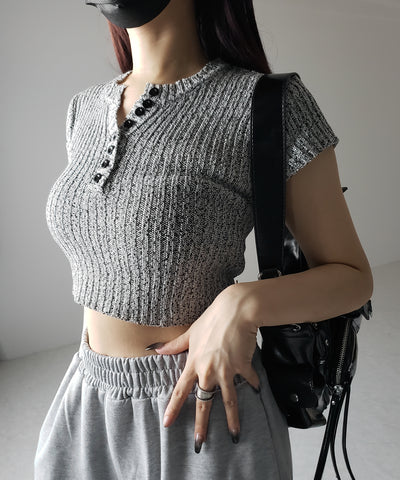 キーネックショートサマーリブニットトップス / Key neck short summer rib knit tops