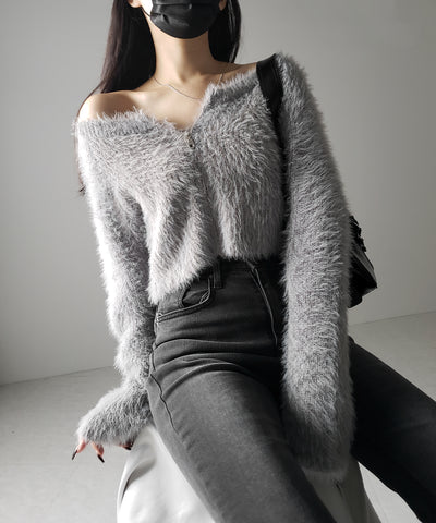 フロントジップショートシャギーニットカーディガン / front zip short shaggy knit cardigan
