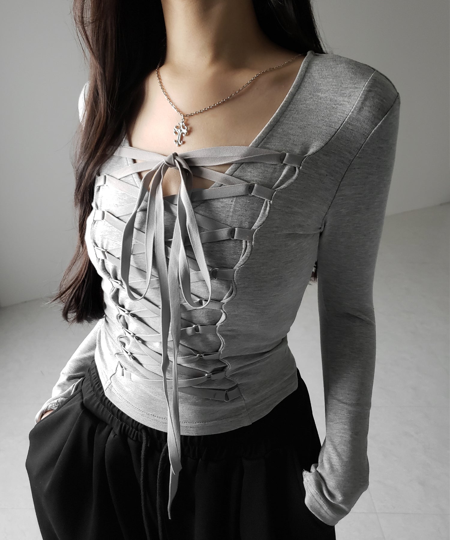 【 新色ピンク追加! /3WAY 】レースアップコルセットリボンチョーカートップス / lace up corset ribbon choker tops