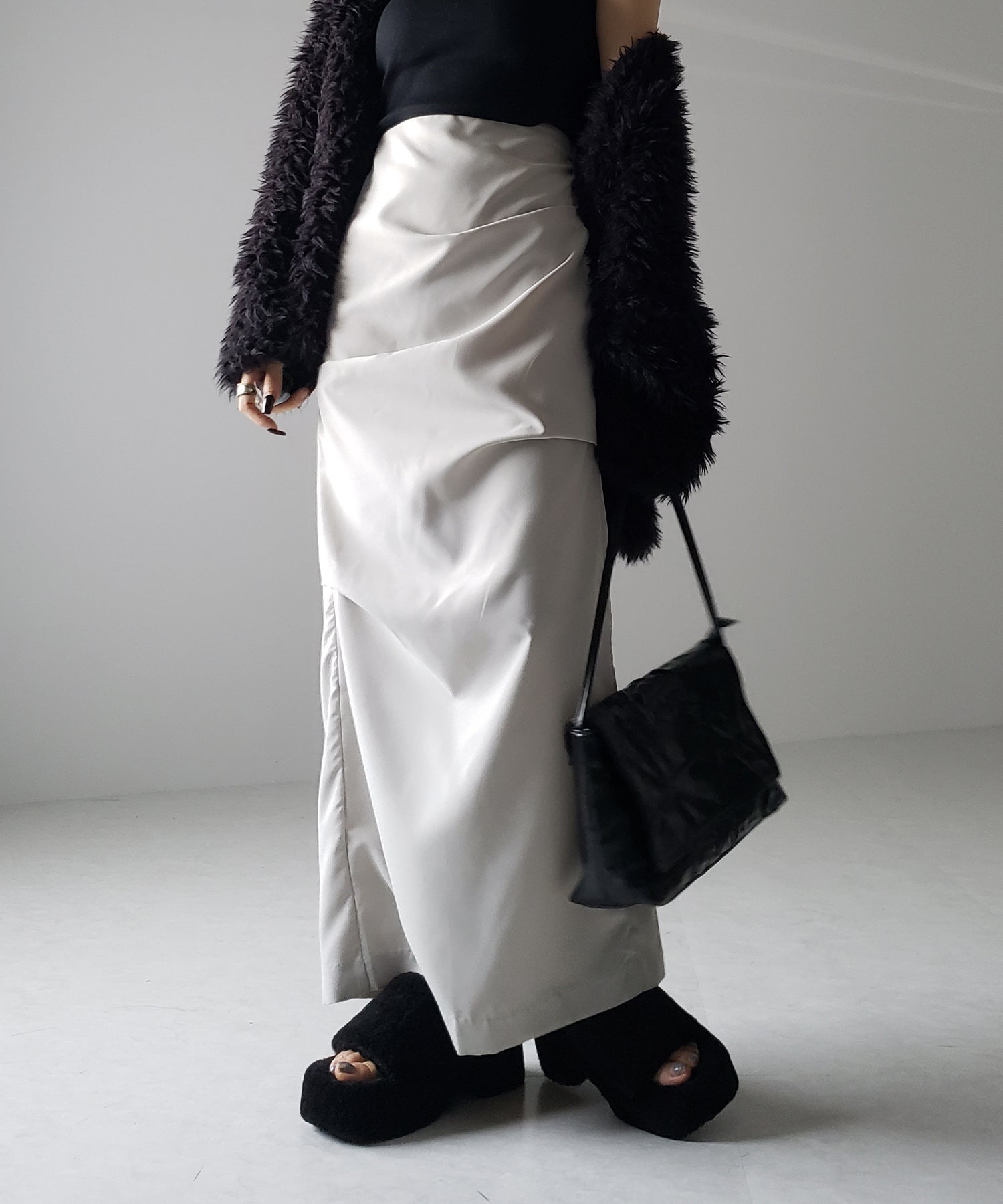 【 3size / 5color 】タックデザインハイウエストスリットロングスカート