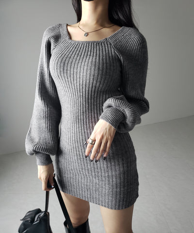 スクエアネックリブニットミニワンピース / square neck rib knit mini one piece