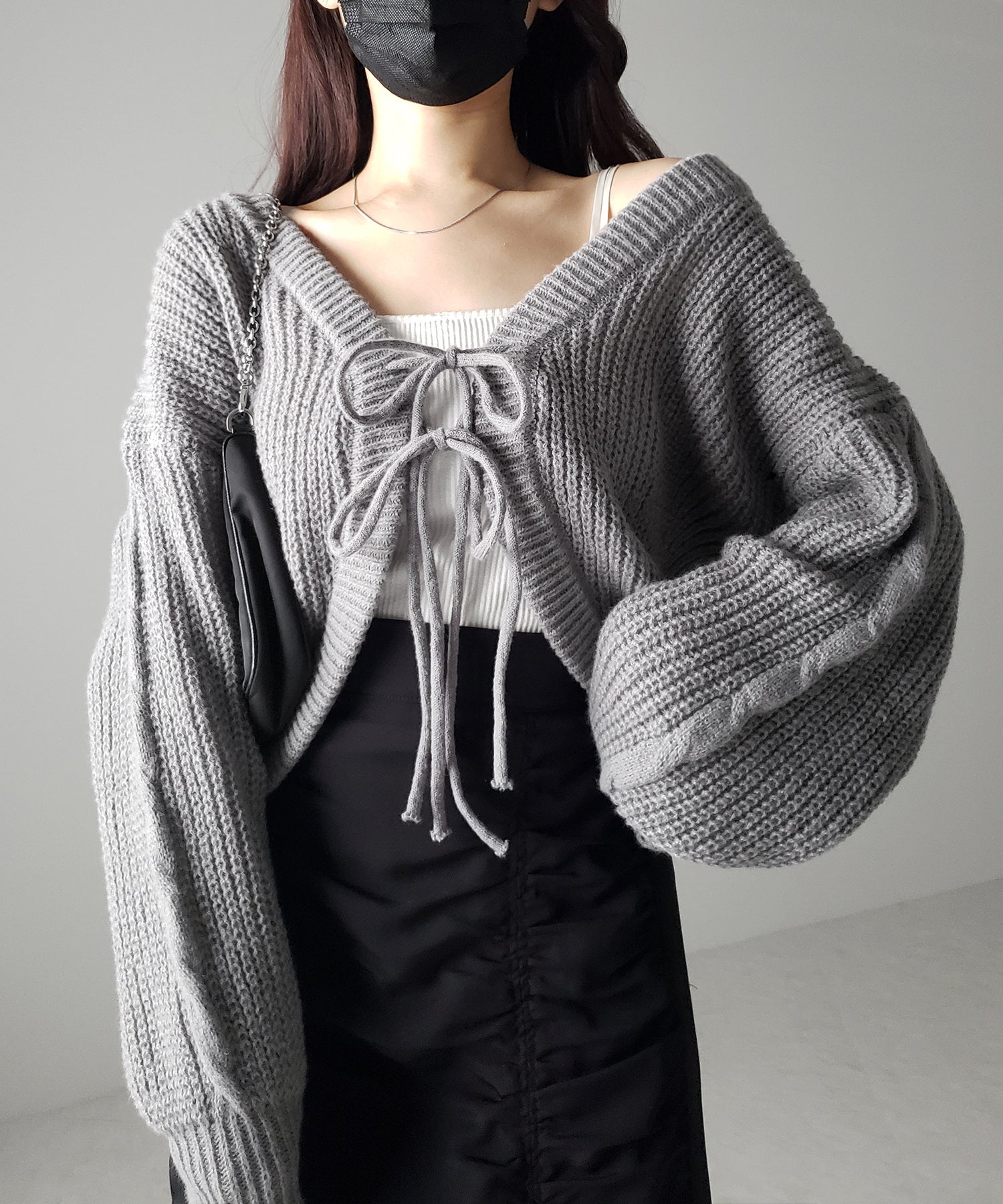 【 5color 】フロントダブルリボンショートボレロカーディガン