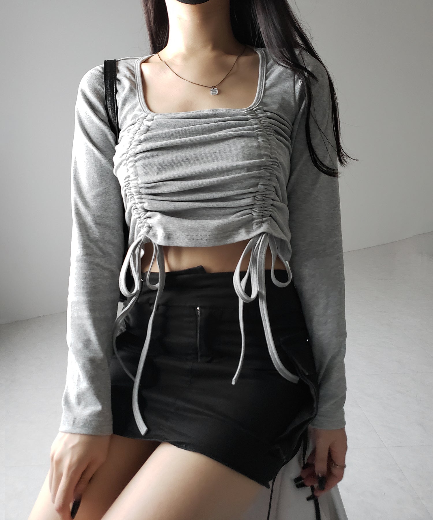 【 3color 】 ダブルシャーリングリボンスクエアネックトップス / double shirring ribbon square neck tops