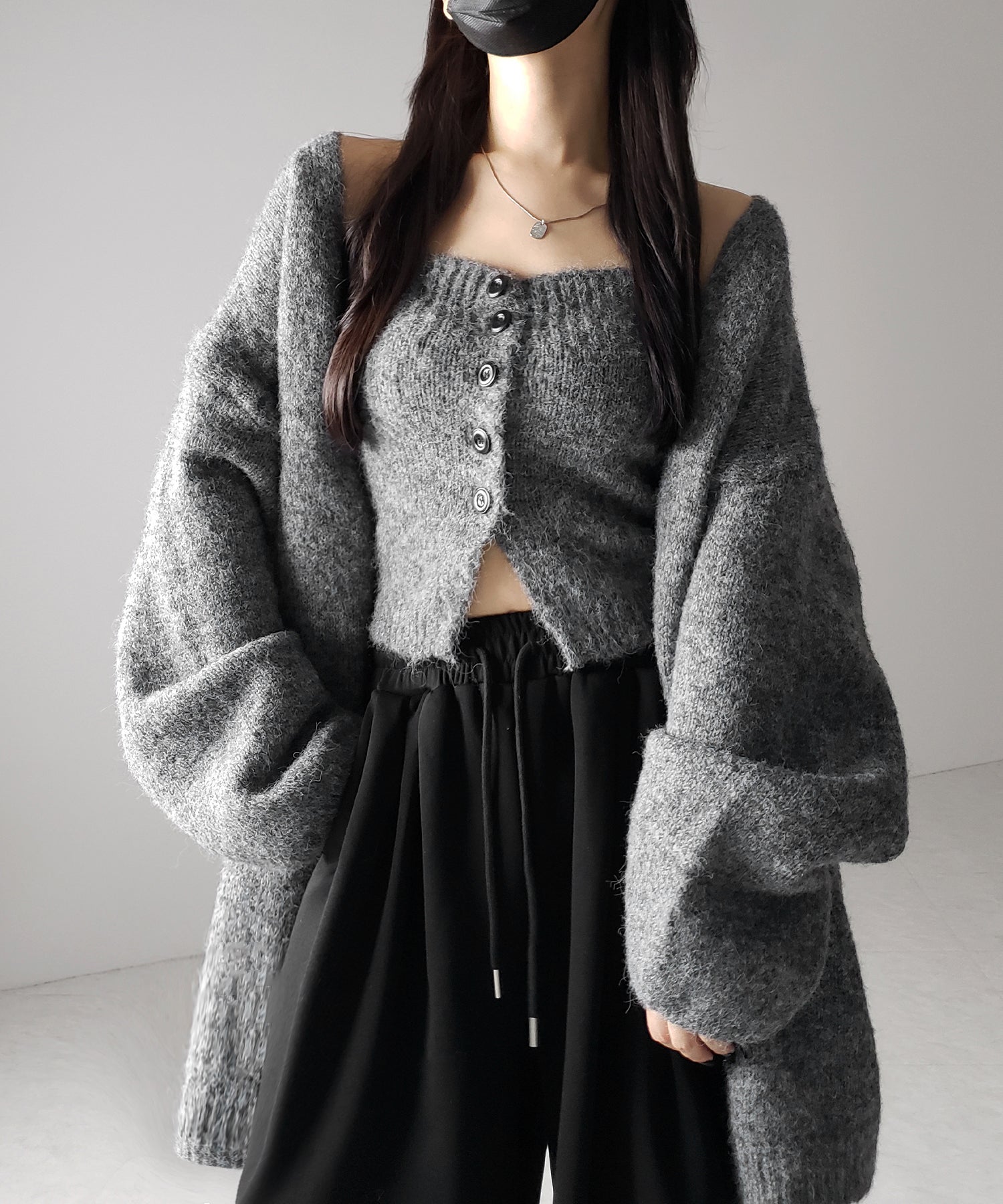【 新色追加 /2点セット 】ニットボタンビスチェ +ロングカーディガンセット / knit button bustier + long cardigan set