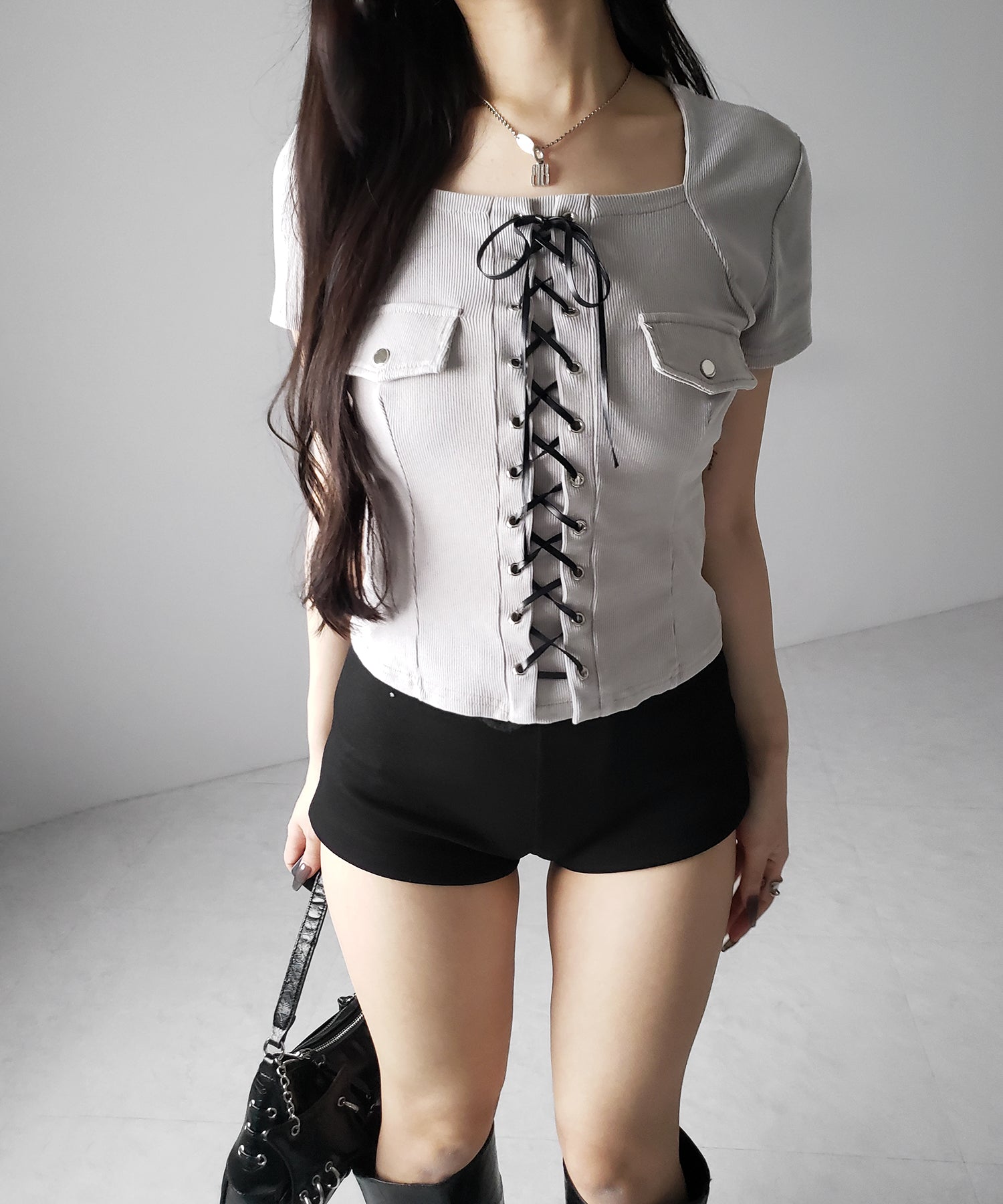 ヴィンテージレースアップスクエア半袖Tシャツ / vintage laceup square T-shirts