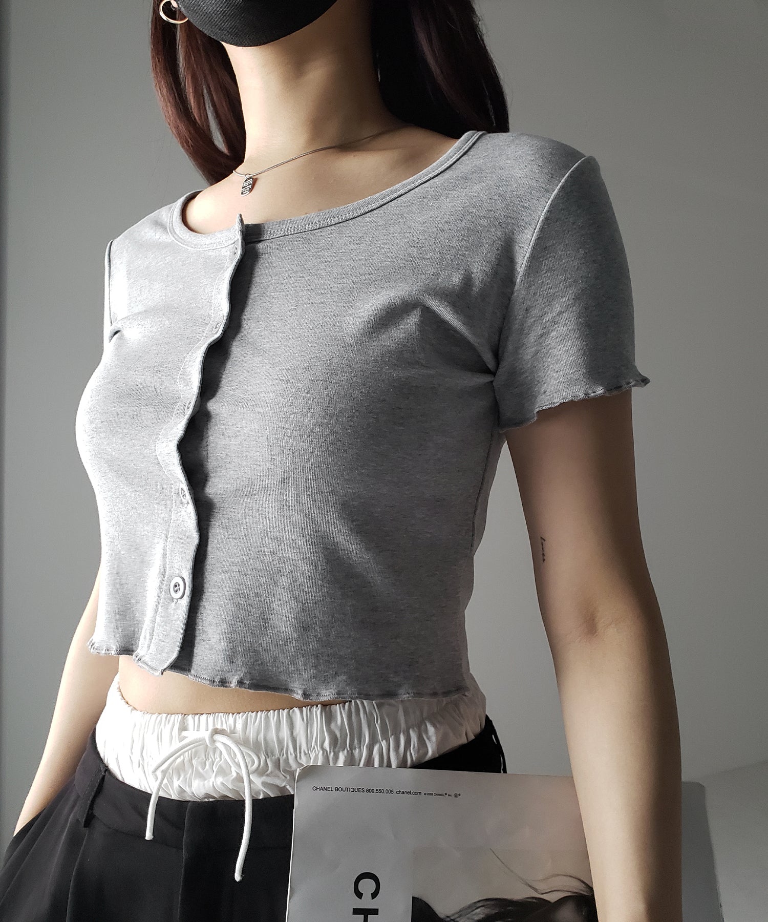 【 3color 】フロントボタン半袖メローショートTシャツ / front button mellow short Tee