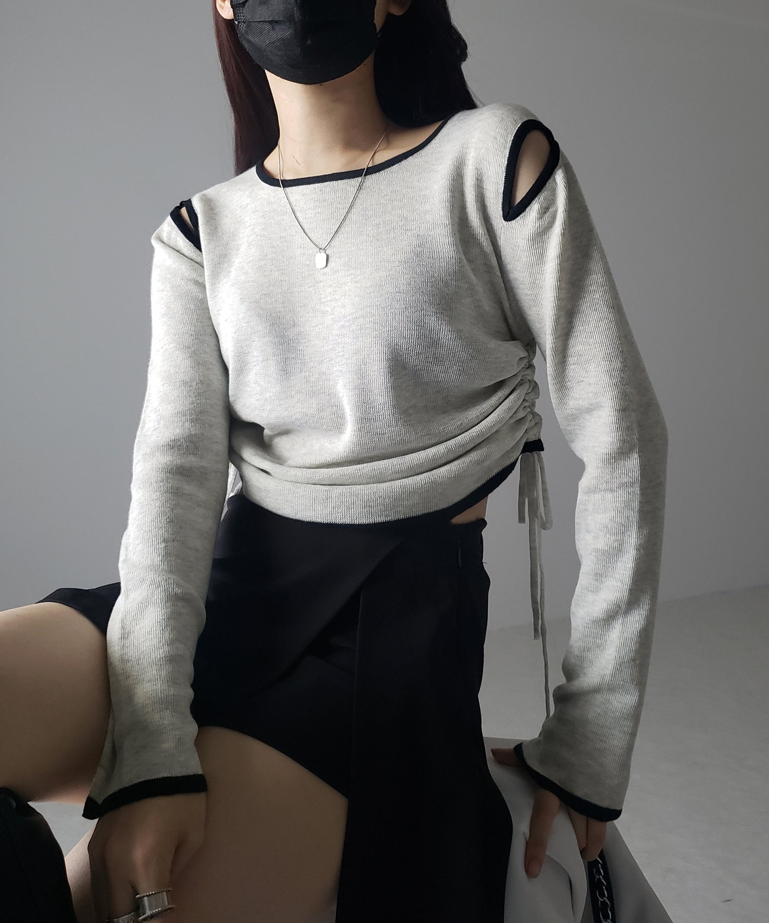 【 4color 】パイピングカットアウトサイドリボンニットトップス