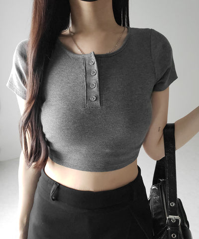 ヘンリーネック半袖ショートリブTシャツ /henley neck short sleeve short lib T-shirt