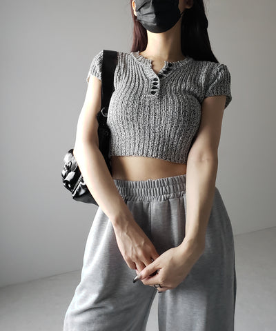 キーネックショートサマーリブニットトップス / Key neck short summer rib knit tops