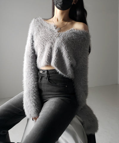 フロントジップショートシャギーニットカーディガン / front zip short shaggy knit cardigan