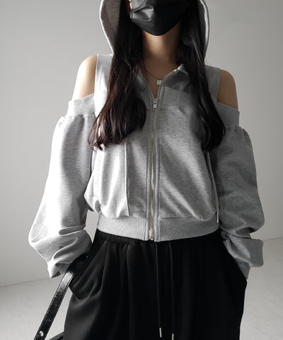 オープンショルダーカットアウトジップアップパーカー / open shoulder cut out zip up hoodie